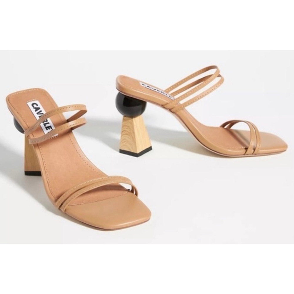 EUC Anthropologie CAVAERLY Trish Mules Tan Geometric Sculptural Wood Heels 40 10